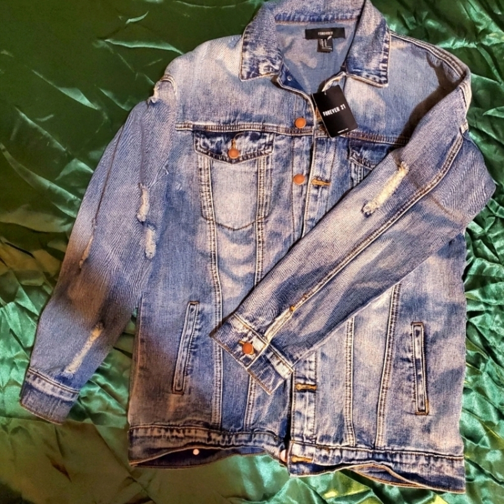 Distressed Punk 80s Style Button Up Denim Jacket by Forever 21 NWT
